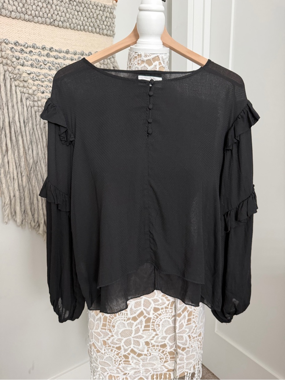 Mustard Seed Black Ruffle Detail Peasant Blouse